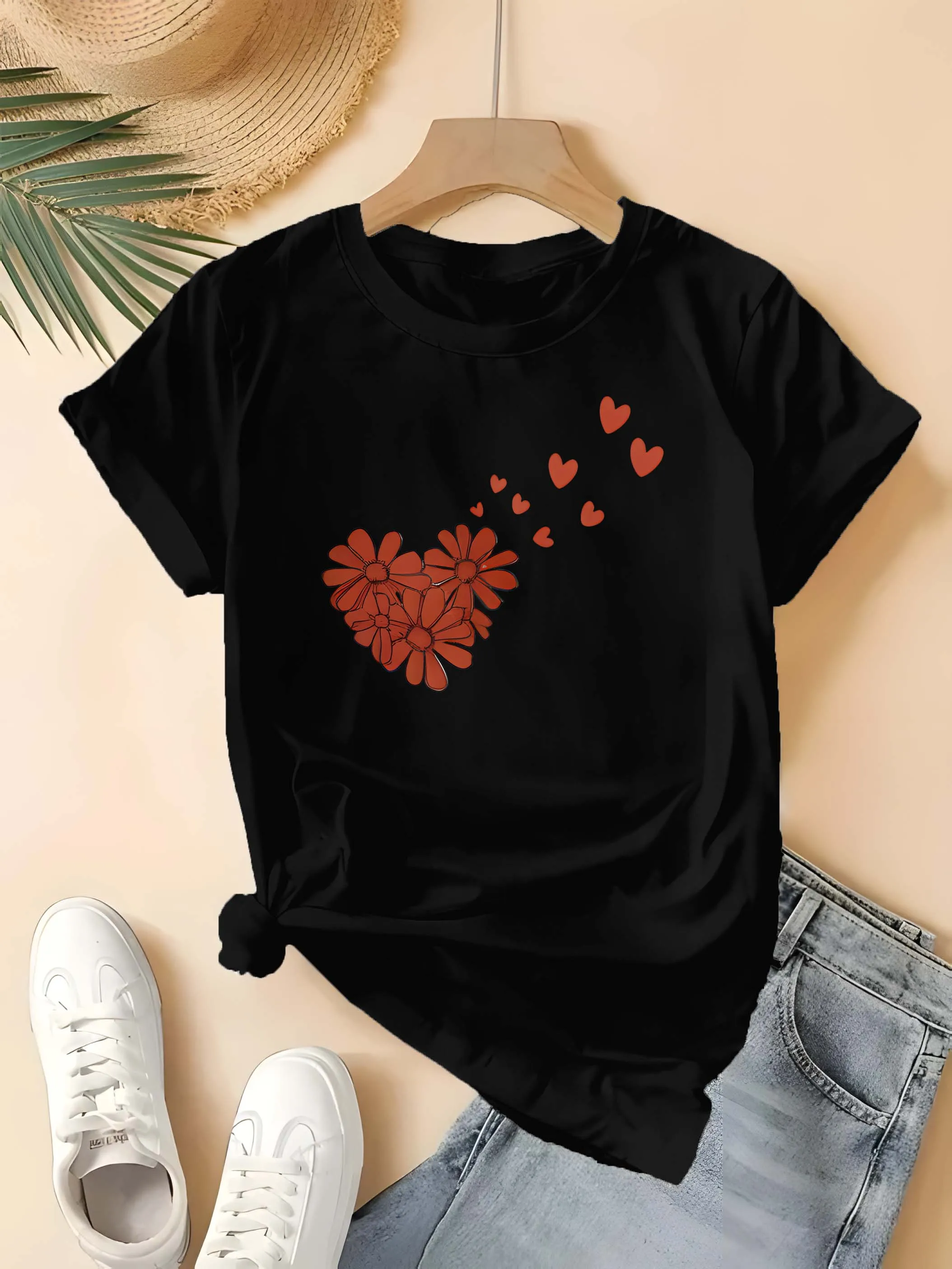 

Plus Size Women's Elegant Fashion Top with Charming Floral Heart and Flying Hearts Motif for Romantic Daily Styles