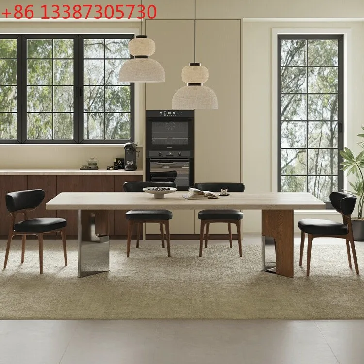 

Французский ретро-стол из травертина с каменными плитами, высококачественный обеденный стол и стулья из массива дерева, прямоугольный обеденный стол для дома.