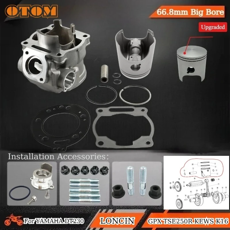 For YAMAHA DT230 LONCIN MT250 GPX TSE250R KEWS Motorcycle 2 Stroke Cylinder Kit 66.8mm Cylinder Block Piston Gasket Piston Rings