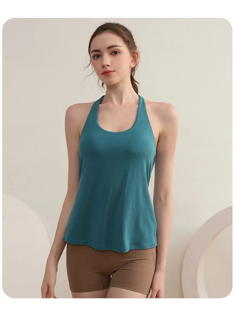 Täuschend echtes zweiteiliges Fitness-Top mit Brustpolster, Sport-Top, Lauf-Cross-Top, stoßdämpfend, Schönheitsrücken, Yoga-Anzug, ärmelloses T-Shirt – Detail 11