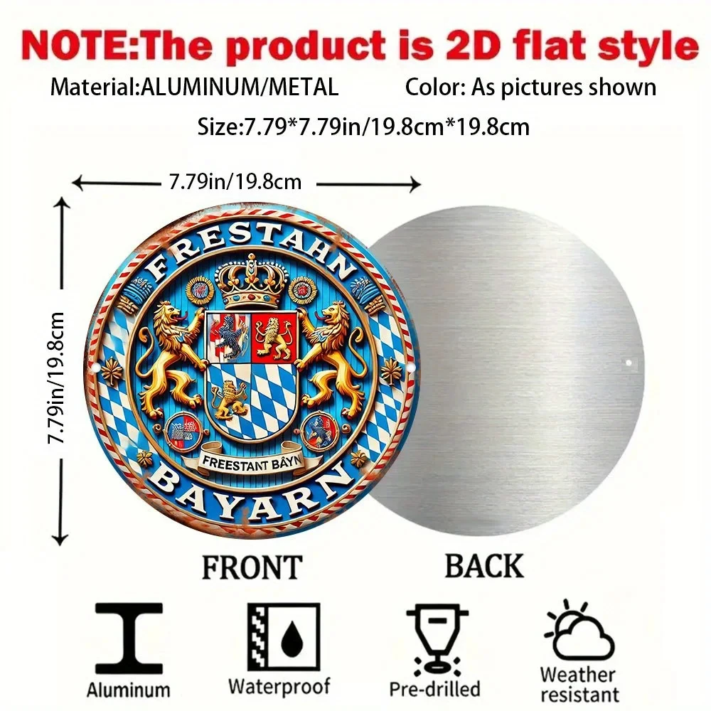 2D Flat, 1 Piece Bavarian Coat of Arms Emblem - Freistarn Bayern Text - Vintage German Flag Colors (Blue, Red, Gold) - Heavy-Duty Aluminum