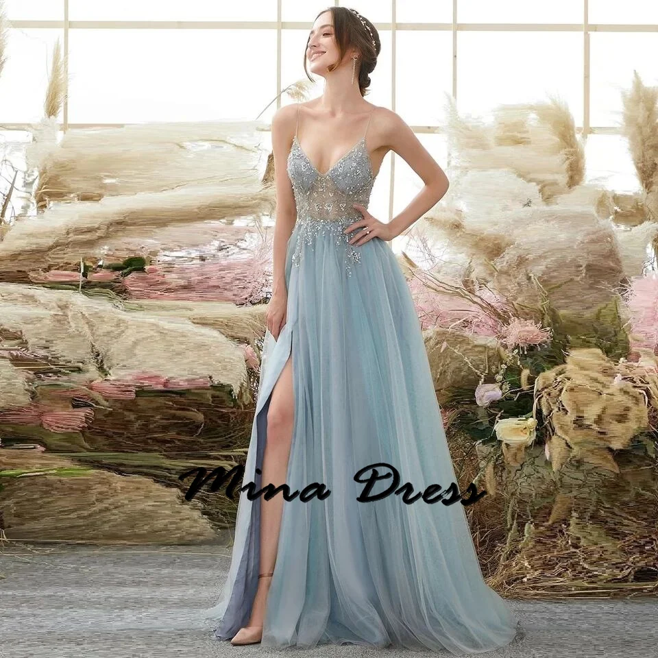 

Mina Transparent Women's Elegant Dresses for Parties 2024 Sleeveless Party Dress for Wedding Off the Shoulder Embroidery Slit