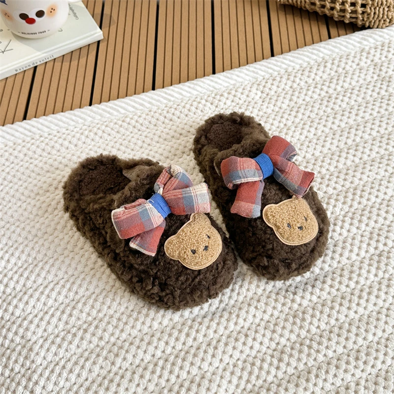 

Girls Winter Furry Shoes Cute Bear Bowknot Princess Fashion Children's Warm Furry Cotton Slippers Non-slip Kids Plush Slippers