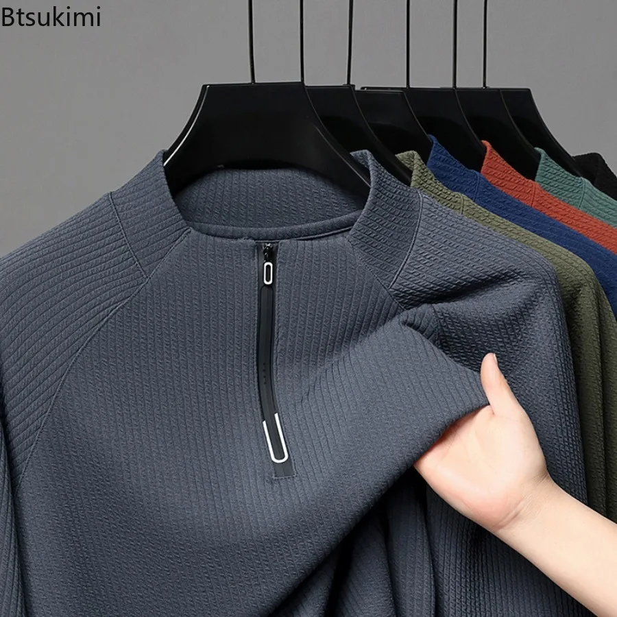 

Men's Autumn Half-Zip Long Sleeved T-shirt Pullover Solid Color Antibacterial Anti-Static Cashmere Blend Winter Warm Tech Wear