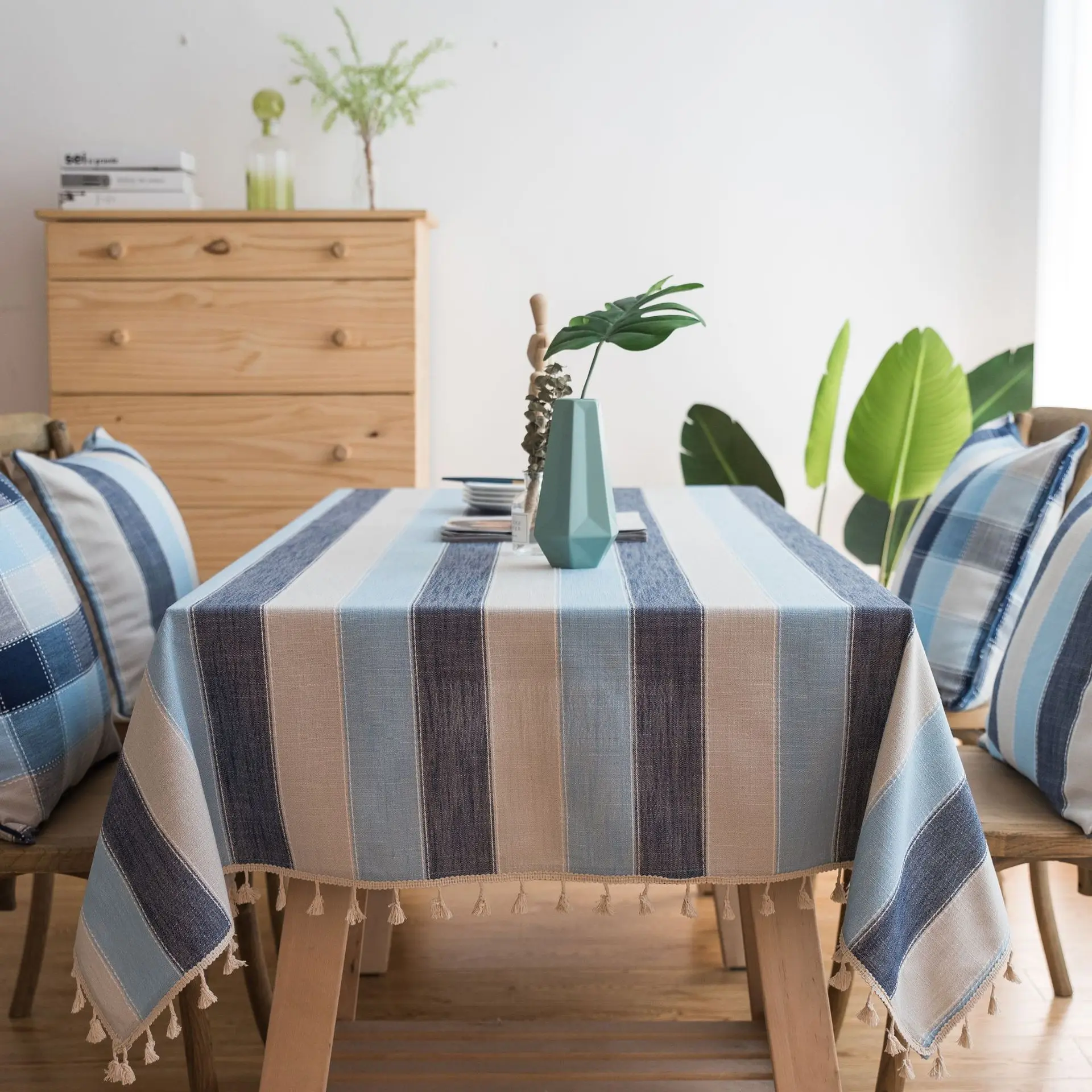 Mediterranean-Style Blue Tablecloth Fabric Cotton and Linen Striped Waterproof Table Cloth Rectangular Decoration Table Cloths