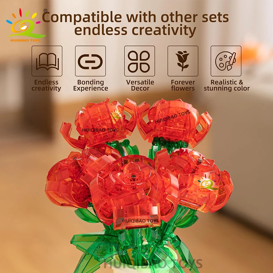 HUIQIBAO-ramo de flores rosas para el Día de San Valentín, juego de bloques de construcción, flores artificiales para decoración del hogar, Kits de ladrillos de rosas de cristal, Juguetes