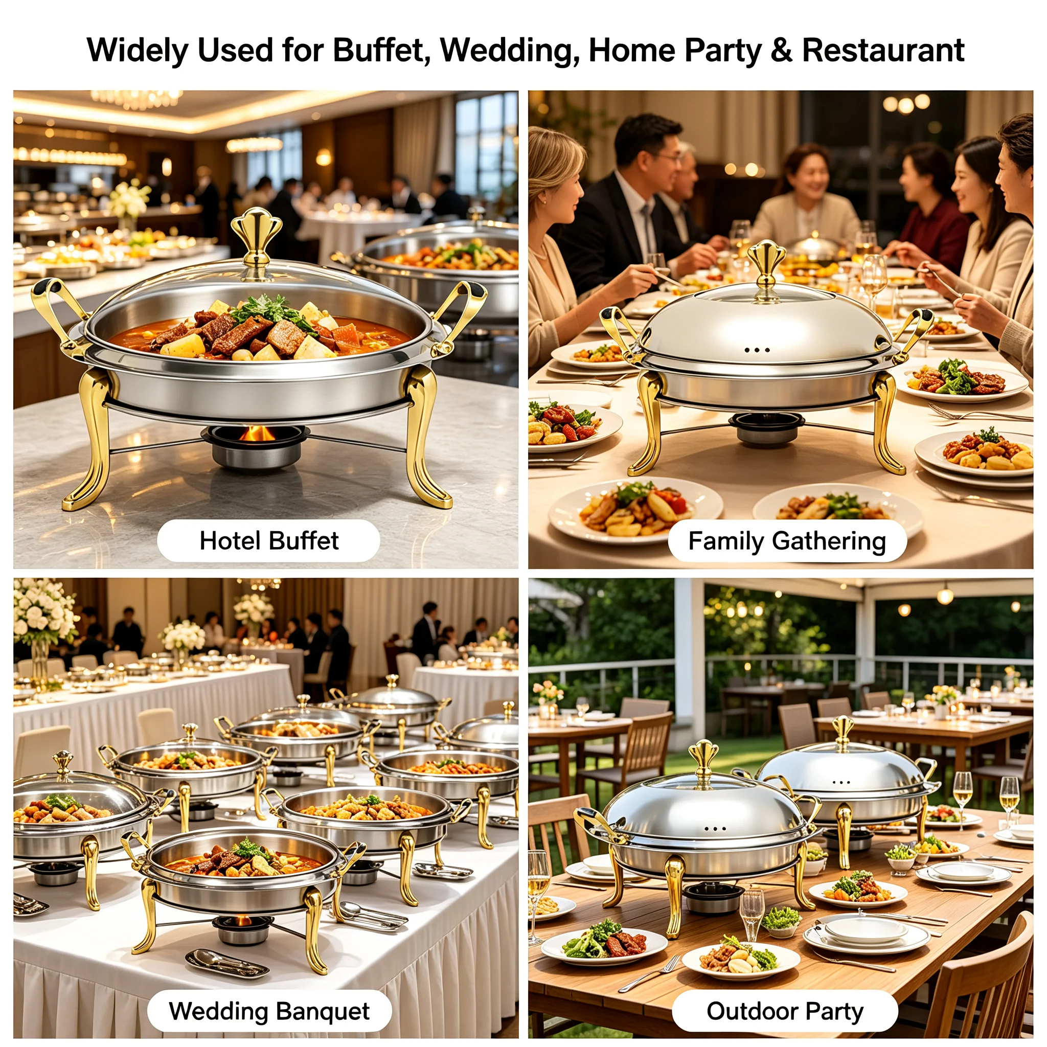 Round Chafing Dish Buffet Warmer Set 2.5L Stainless Steel Support Frame with Lid & Alcohol Fuel Can, Gold Food Warmer for Hotel Restaurant Party Catering