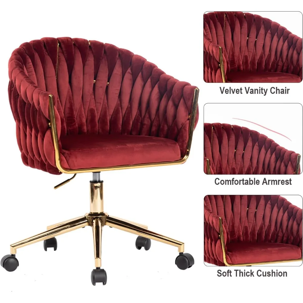 كراسي مكتب مخملية أنيقة بأرجل ذهبية، ارتفاع قابل للتعديل، عجلات، مصممة للنساء، بالإضافة إلى كراسي بذراعين مصنوعة يدويًا #5