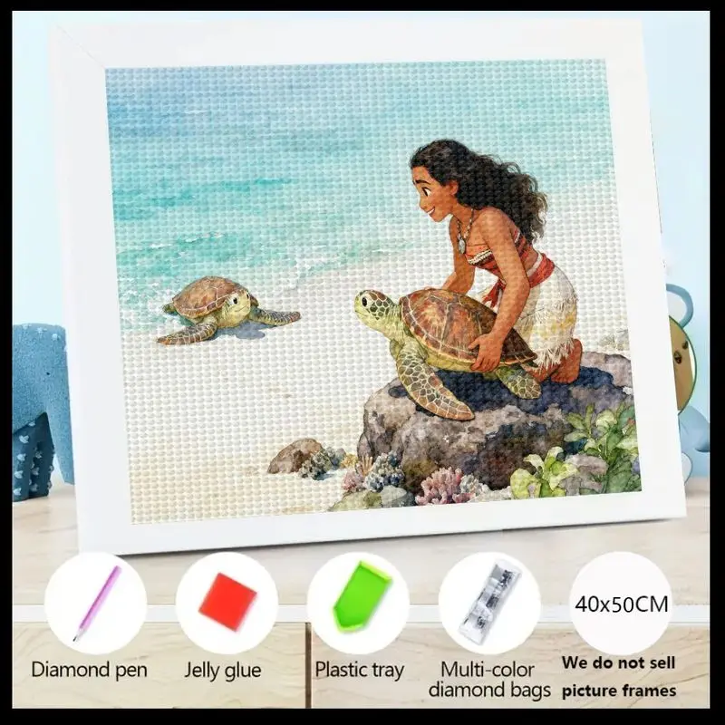

5D DIY Full Drill Diamond Painting Kit, Moana-Inspired Hawaiian Island Princess & Baby Sea Turtles on Tropical Ocean Beach Scene