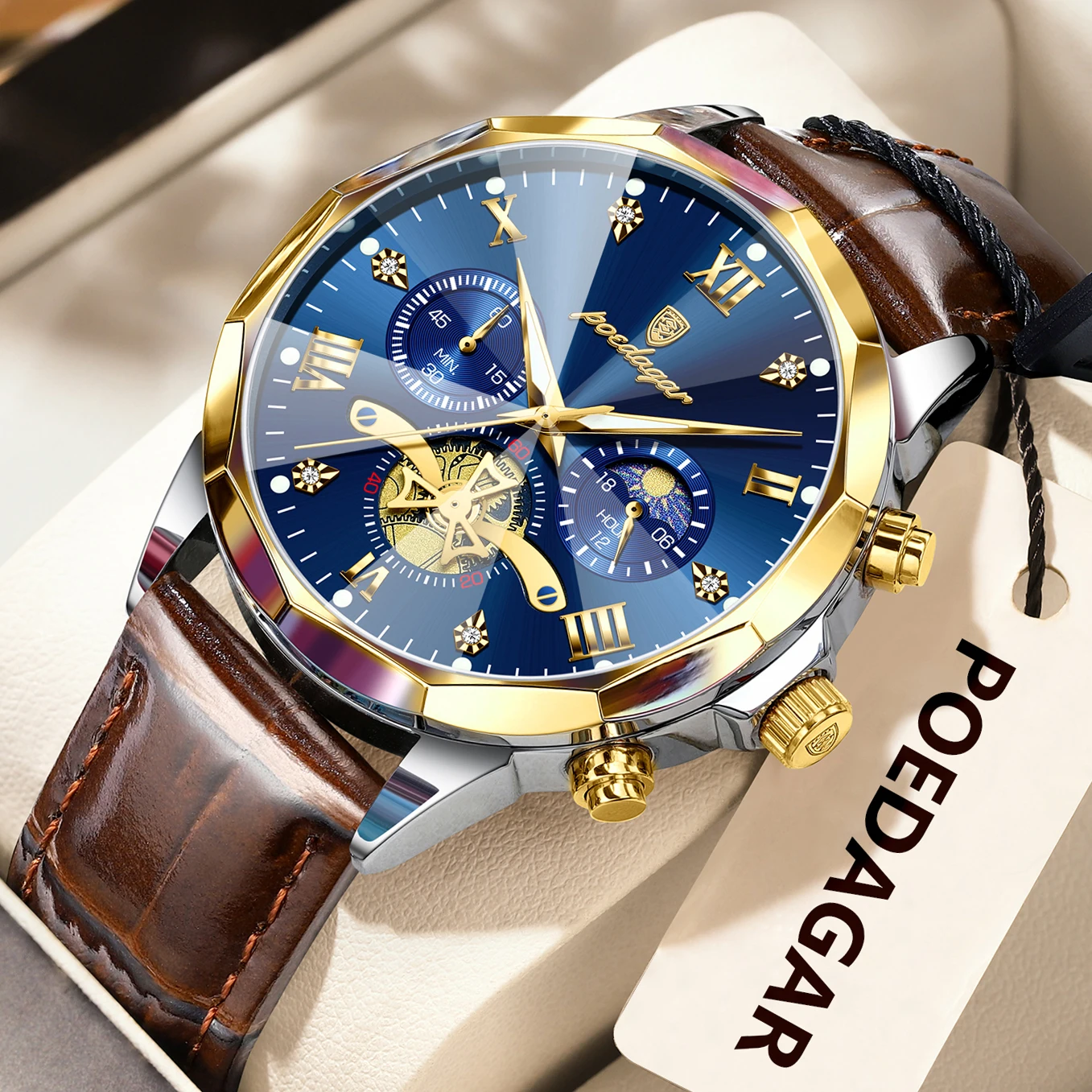 POEDAGAR Luxury Brand Men Watch Waterproof Luminous Chronograph Leather Man Watches Fashion Sports Quartz Men's Wristwatch Reloj