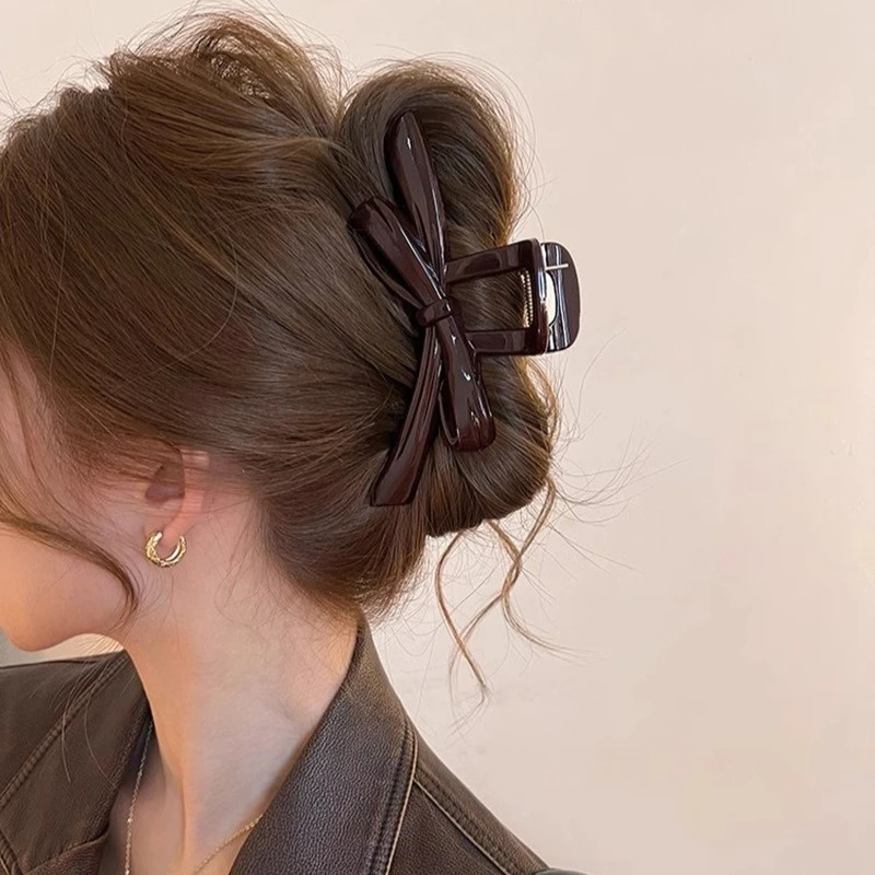 Chocolate Brown Bow Hair Claw Large Barrettes For Women Retro Elegant Hairpins Shark Clip Lady Fashion Hair Clips Hair Accessory