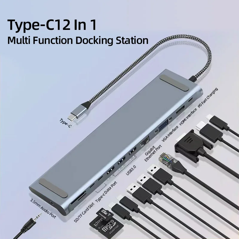 

12 In 1 USB 3.0 Type C HUB 4K HDMI-Compatible TV Monitor Video Converter RJ45 Ethernet SD TF Card Reader Laptop Accessories