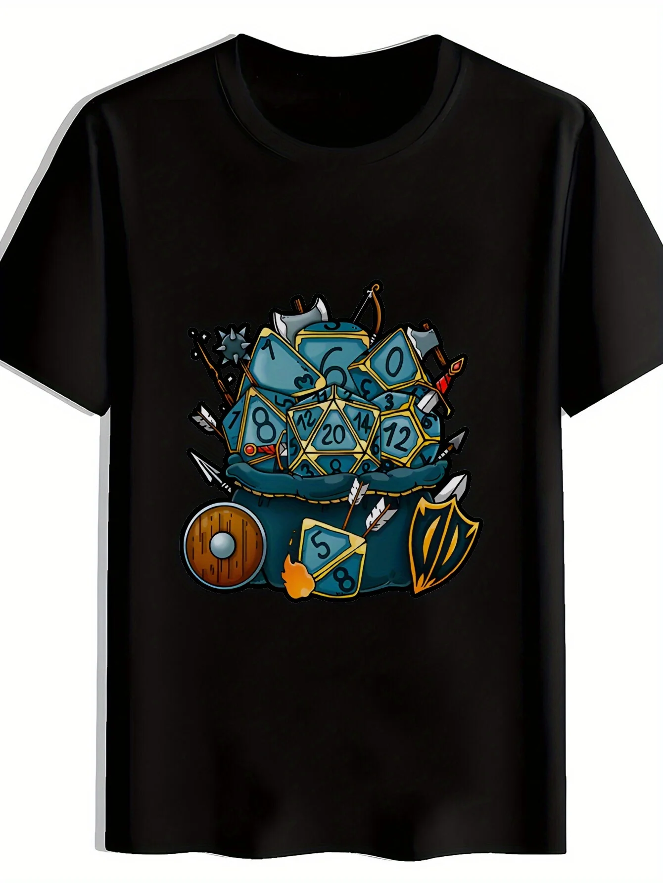 Men's Casual Graphic T-Shirt - D&D Dice Bag Print with Swords & Shields Design, Black Fantasy Role-Playing Game Tee, Breathable Summer Shirt for Gamers, Machine Washable Gift for Men, Gamer Themed Apparel | Gamer Style | Comfortable Fit, Game Clothing