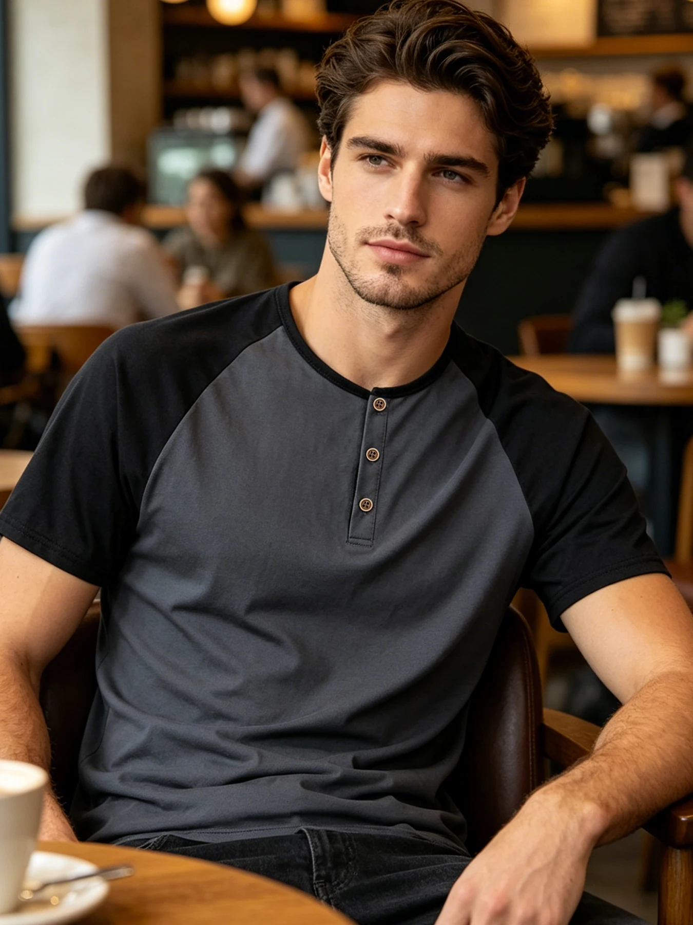 Men Color Block Raglan Sleeve Henley T-shirt 3 Buttons Notch Neck Contrast Short Sleeve Top Soft Stretchy Breathable Tee