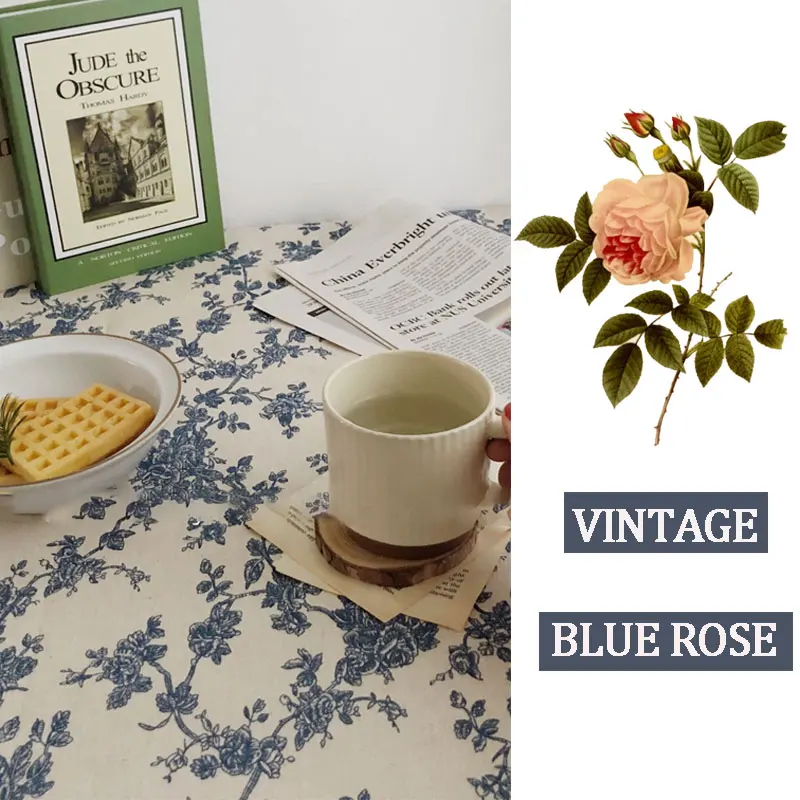 Blue Flower Tablecloth Cotton Linen Table Cover for Dining Wedding Rectangular Coffee Table Decoration tapete 식탁보