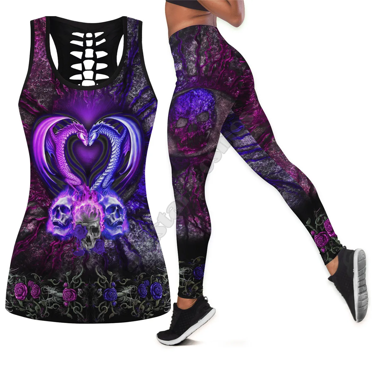 Skull Tattoo Art 3D Printed Tank Top+Legging Combo Outfit Yoga Fitness Soft Legging Summer Women For Girl
