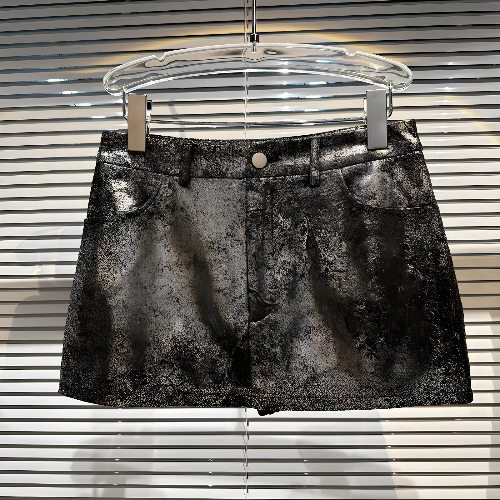 

Retro Silver Metal Color Craed PU Leather Skirt Women's Wrap around ort Skirts Trendy High Waist A-Line Skirts