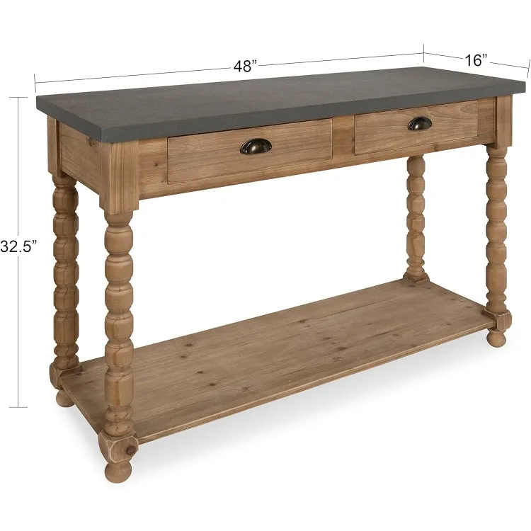 Rutledge Farmhouse Chic Two Drawer Console Table, Rustic Wood Base and Concrete Gray Top