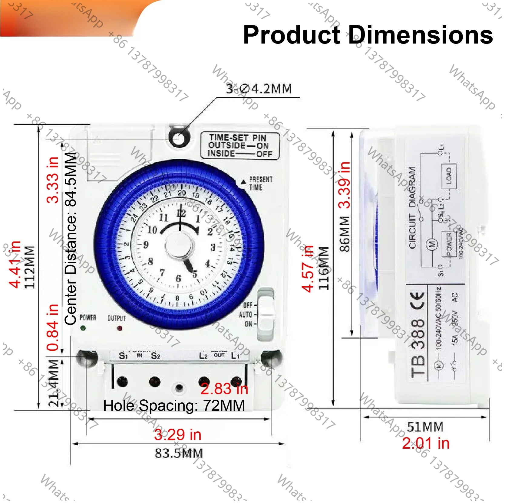 TB388 24 Hour Mechanical Timer Switch 110‑240VAC Programmable 96 Steps Power Failure Backup Industrial Time Control Device