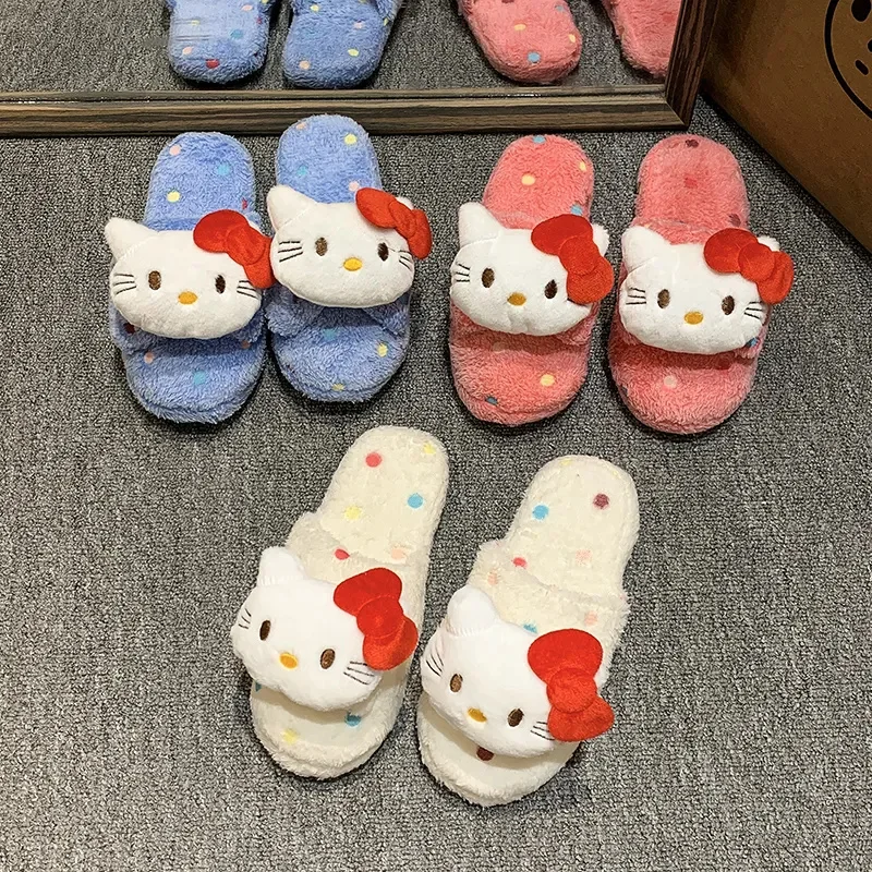 Y2K Fashion Hello Kitty Baotou Slippers Cute Plush Cotton Slippers Comfortable Home Drag Warm Shoes Wave Women'S Shoes