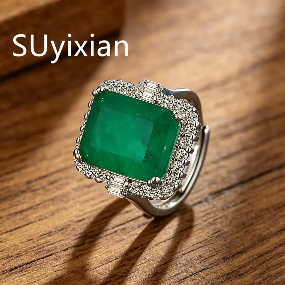 925 Sterling Silver Fashion Vintage Princess Square Bag Square Green Zircon Ring Birthday Party Anniversary Gift Ladies Jewelry