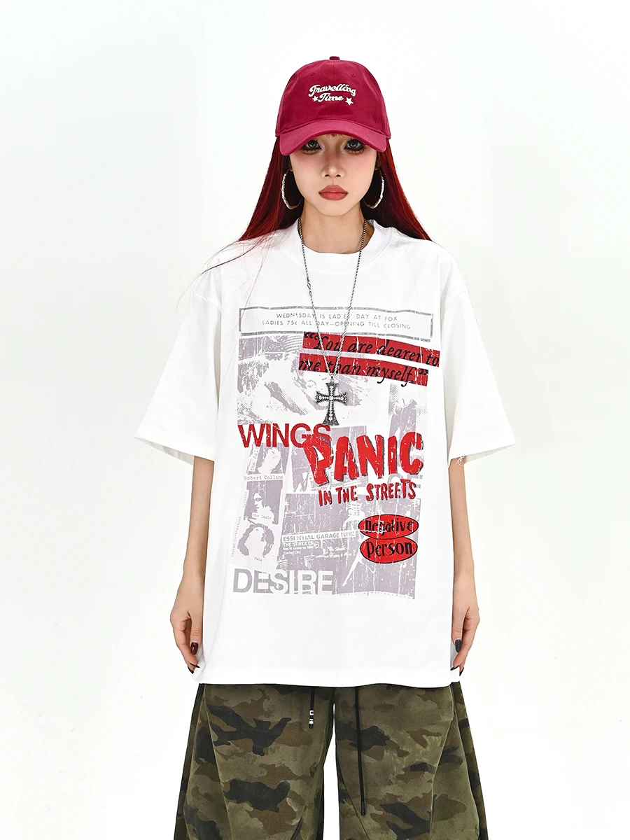 

Lazy Creative Print f Sve T-irt Women's Loose American Retro Summer New Sle Couple's Faionable Top Street Sle