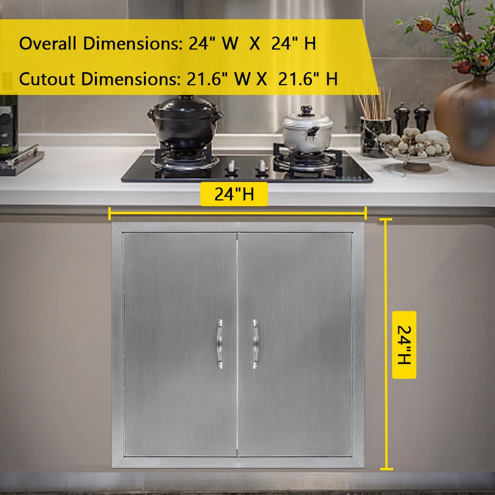 24 x 24 Inch Outdoor Kitchen Doors, Grill Door Double Door Brushed Stainless Steel, BBQ Access Door with Handles