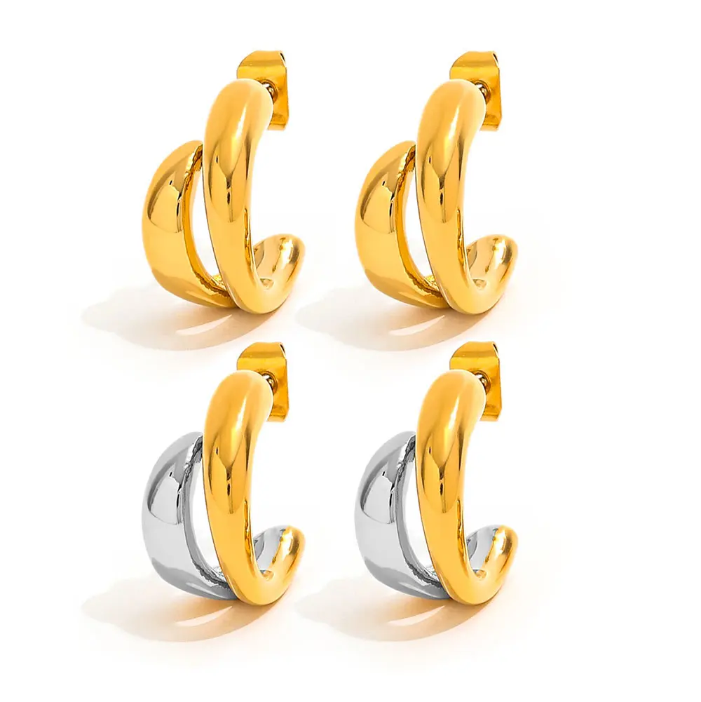 

Joolim Jewelry High Quality PVD Wholesale Waterproof Irregular Double-striped Two-tone Hoop Stainless Steel Earring for Women