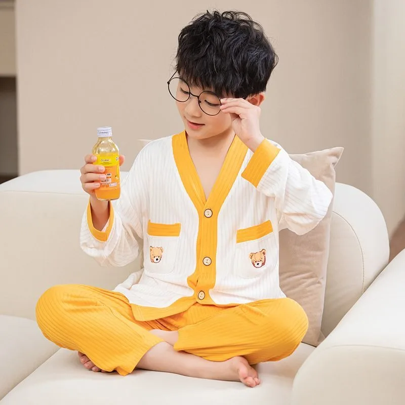 Boys' Lightweight Long Sleeve Pajamas Set Spring Autumn Home Wear Breathable Cotton Loungewear for Tween Boys