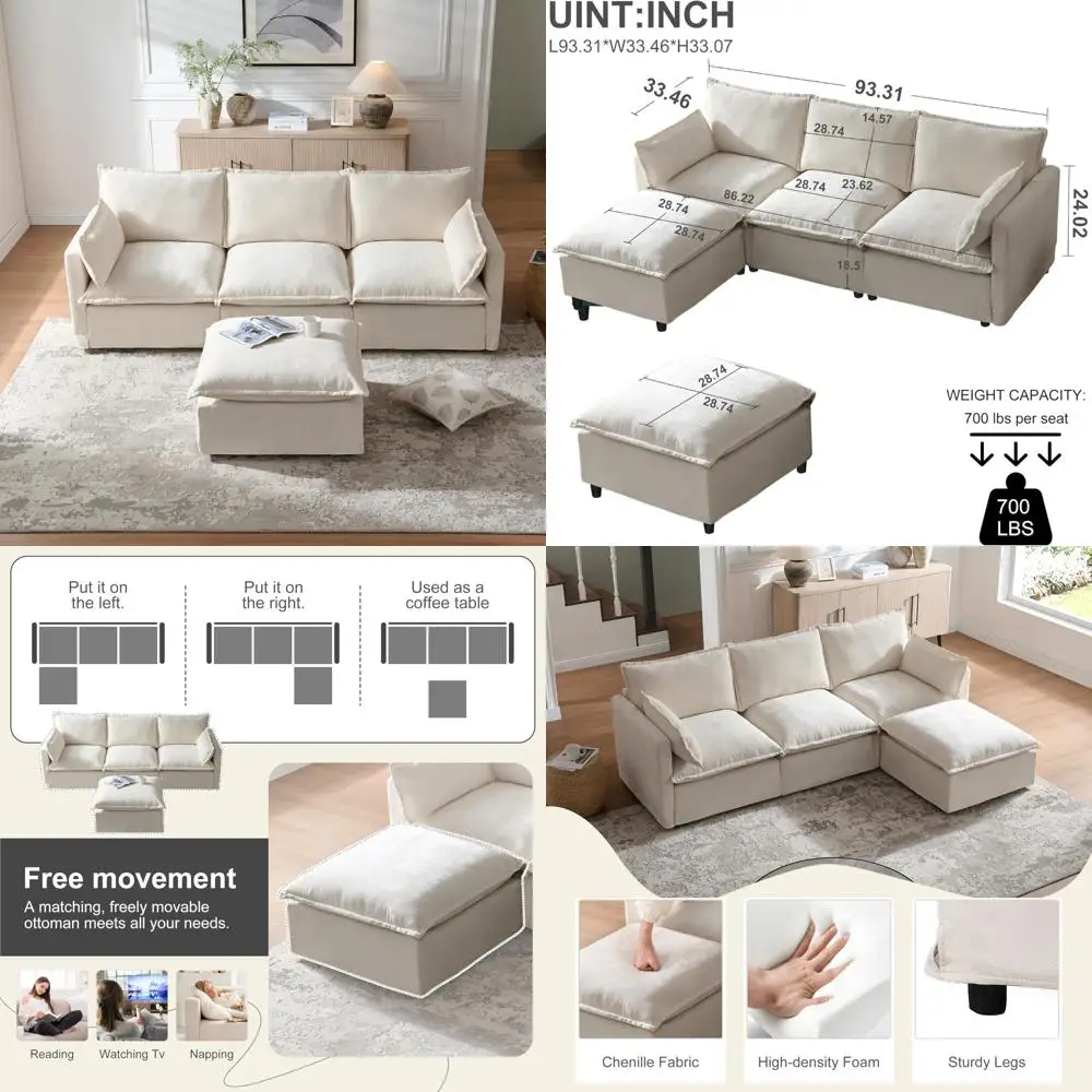 أريكة مقطعية على شكل حرف L مع مسند، أريكة وحدات حديثة بأربعة مقاعد، أثاث غرفة معيشة مريح مع وسائد