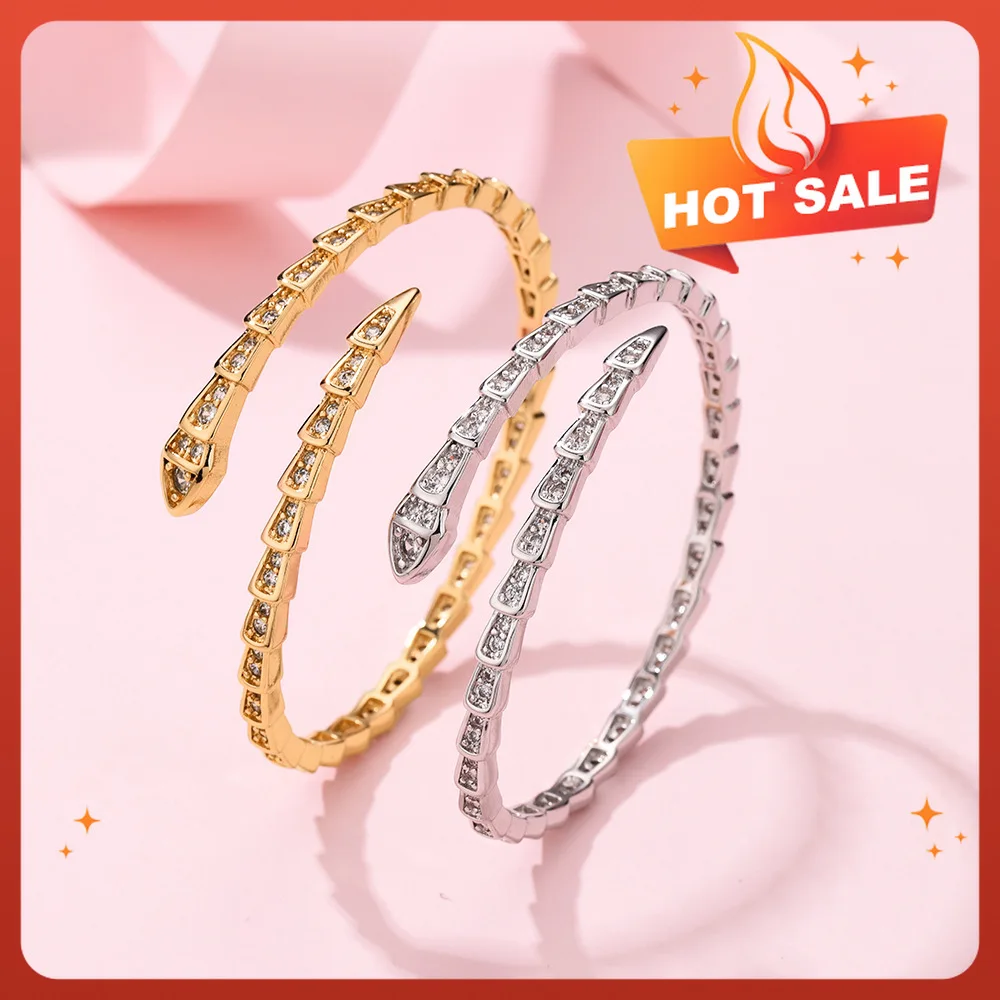 

High Quality Snake Bone Shape Gold Plated Bracelet for Women 2024 Trendy Inlaid Zirconia Bangle Party Women's Fine Jewelry Gift