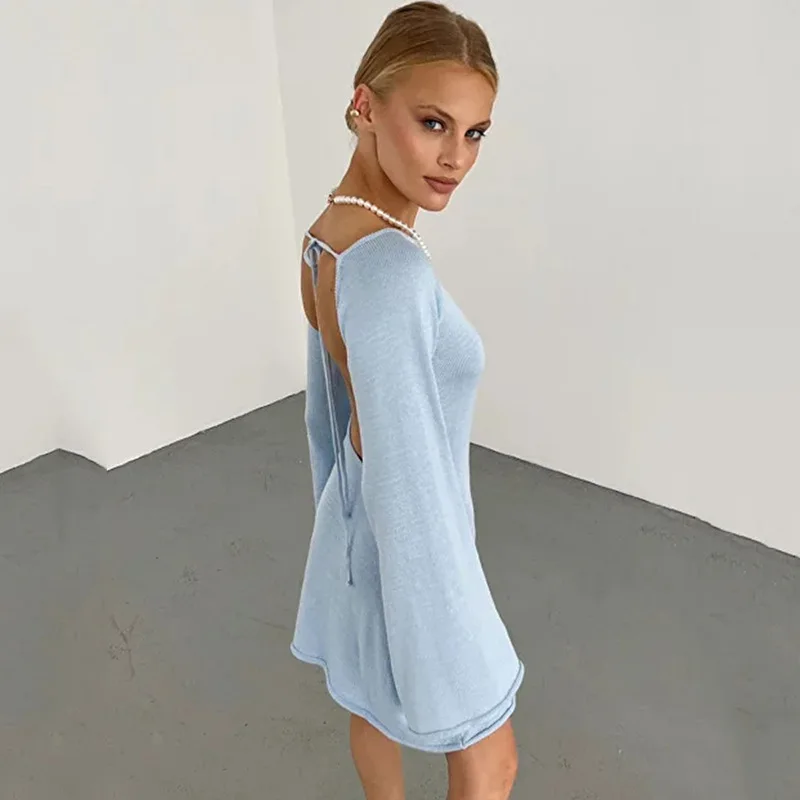 Women's Beach Fashion 2025 Sexy Backless Dresses Short Flared Sleeves Loose Holiday Knitted Clothing Vestidos Blancos Pareo