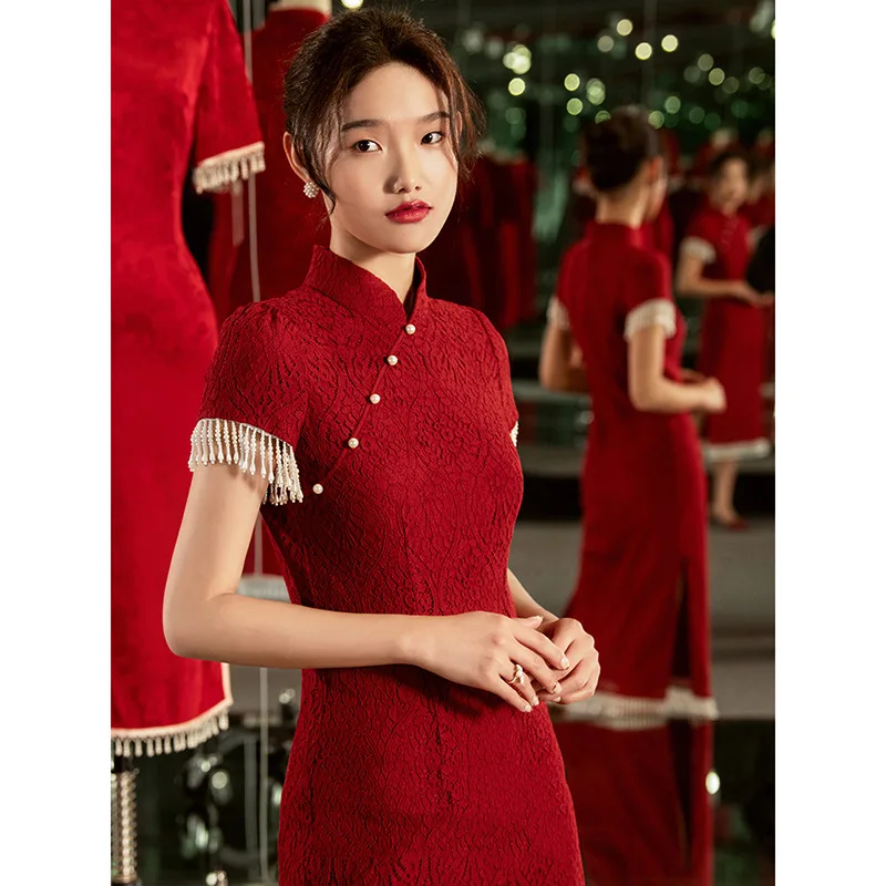 

Vintage Classic Lady Qipao Long Mandarin Collar Burgundy Cheongsam Evening Party Dress Chinese Style Lace Banquet Dress Vestidos