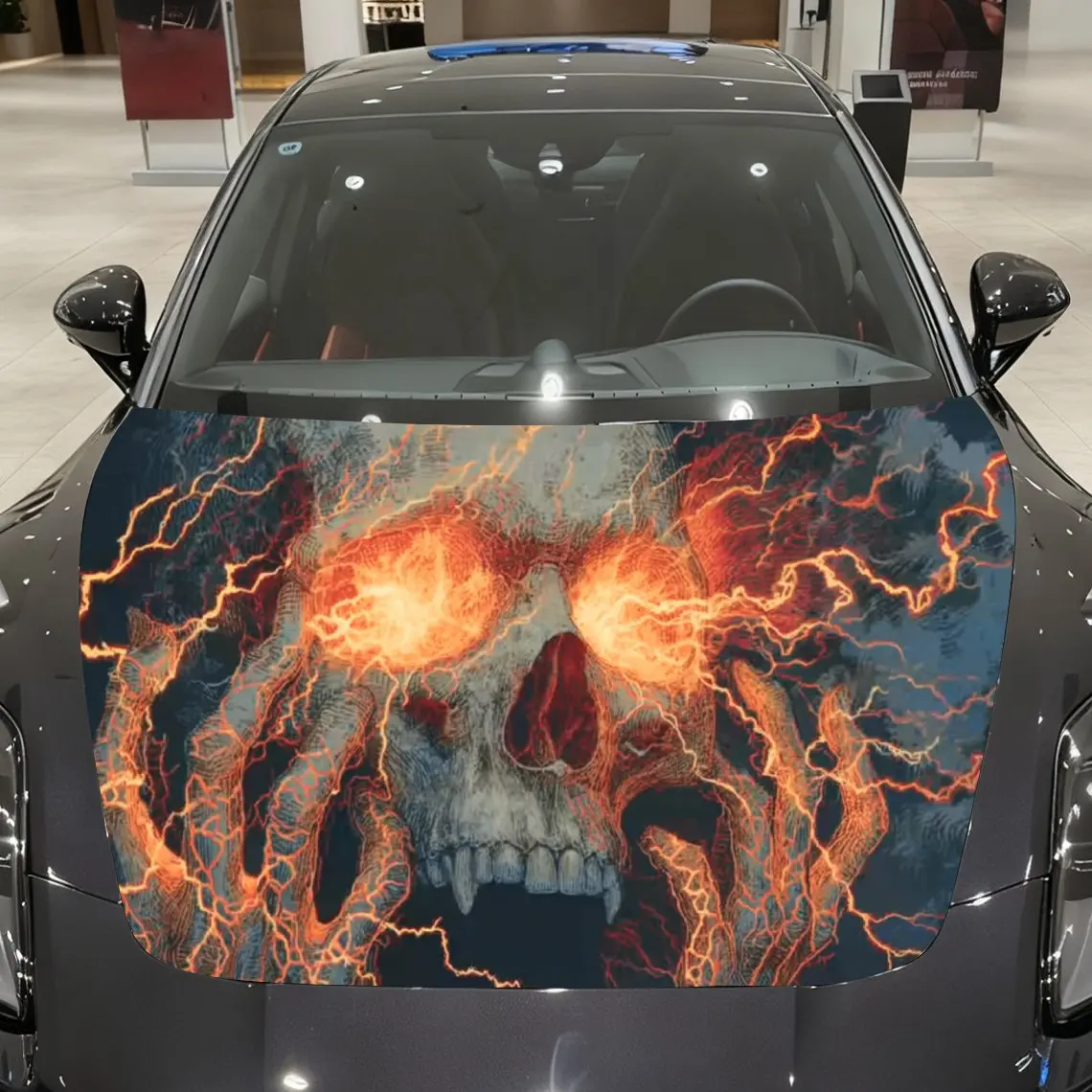 

Thunder Flame Skull Palm Car hood packaging sticker, PVC material, self-adhesive waterproof, anti-slip paint, car exterior decor