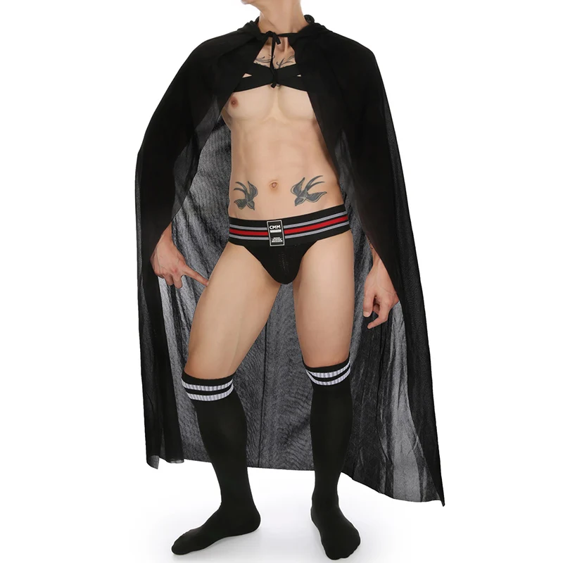 Cosplay sexy de Halloween para homens, capa encapuzada, traje erótico transparente, terno sexual, conjunto sexual, roupas para adultos, 18