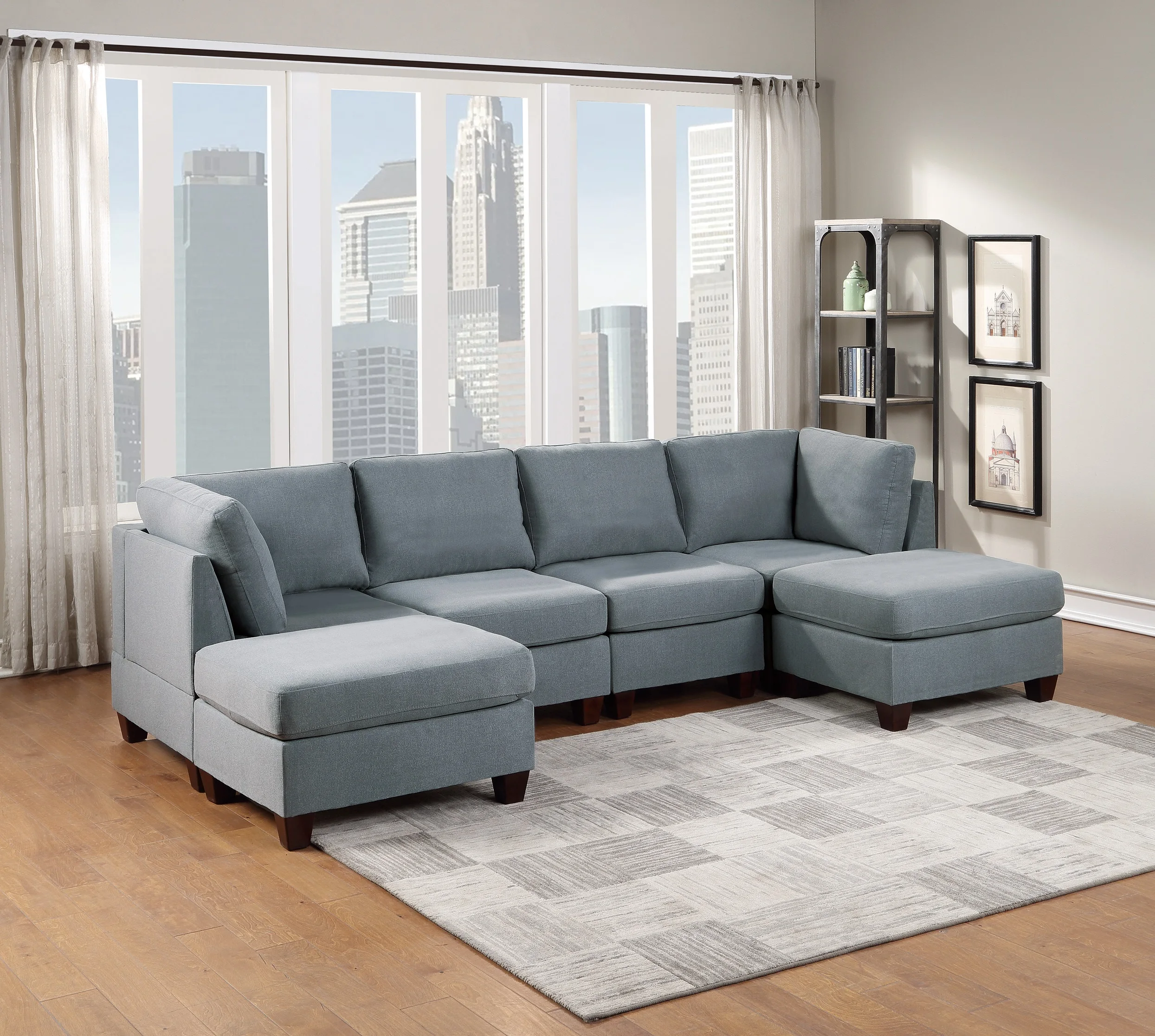 

Modular Sectional 6pc Set Living Room Furniture U-Sectional Couch Grey Linen Like Fabric 2x Corner Wedge 2x Armless Chairs and 2