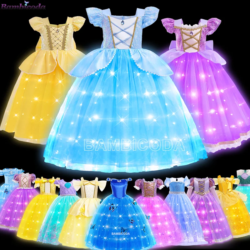 2025 princesa brillante Rapunzel Elza Belle melocotón disfraz de cuento de hadas niños Halloween Cosplay vestido LED niñas fiesta vestido iluminado
