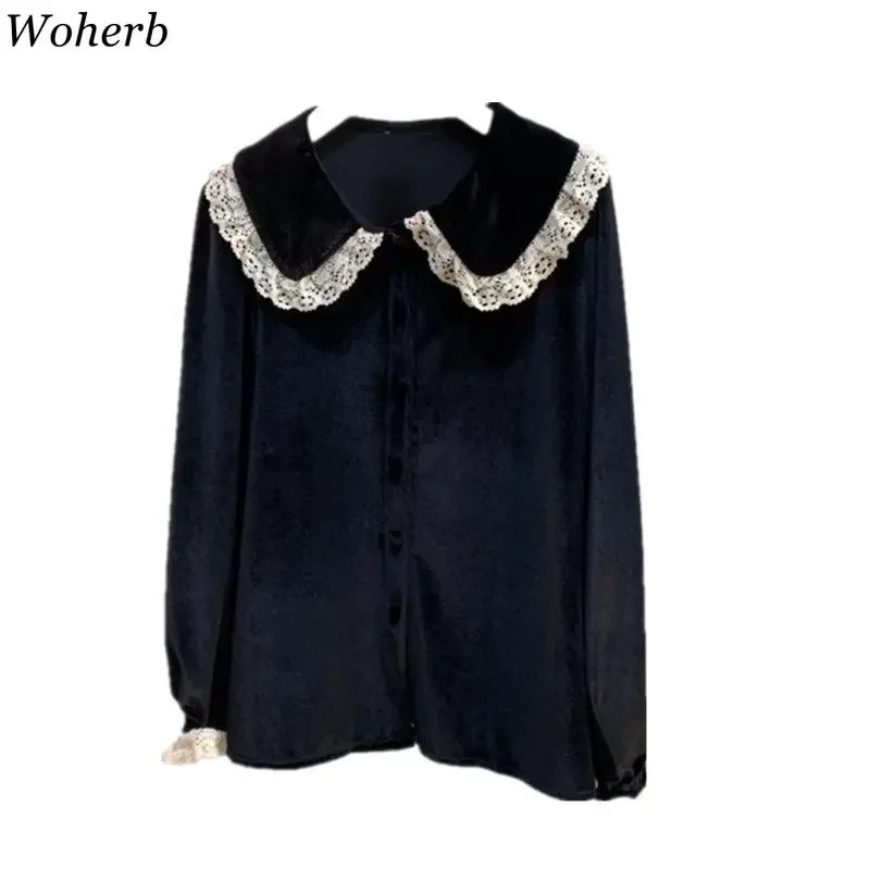 Woherb Vintage Lace Patchwork Blouse Women Black Velvet Long Sleeve Shirt 2024 Autumn Casual Loose Tops Blusas Chemisier Femme