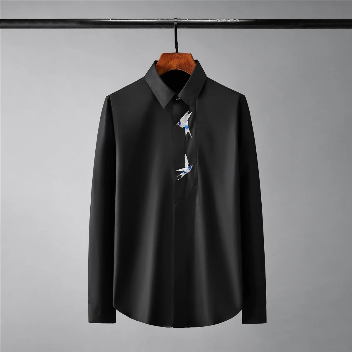 New Pigeon Embroidery Male Shirts Luxury Long Sleeve 100% Cotton Casual Mens Dress Shirts Fashion Slim Fit Party Man Shirts 2XL