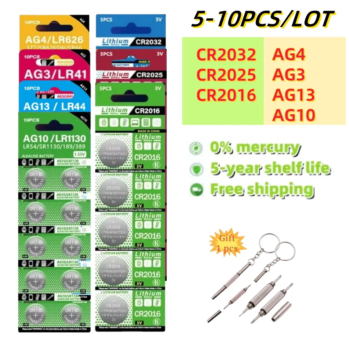 5-10PCS CR2032 CR2025 CR2016 LR41 LR44 LR626 LR1130 Button Battery 3V Lithium Battery For Watch Toy Calculator Car Remote Keys