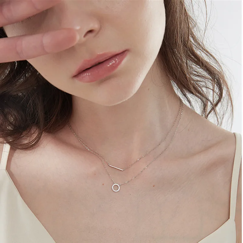 RAPRGOLD Moissanite Loop Pendant Necklace for Women 925 Sterling Silver Double Layer Clavicle Chain Necklaces Fine Jewelry Gifts