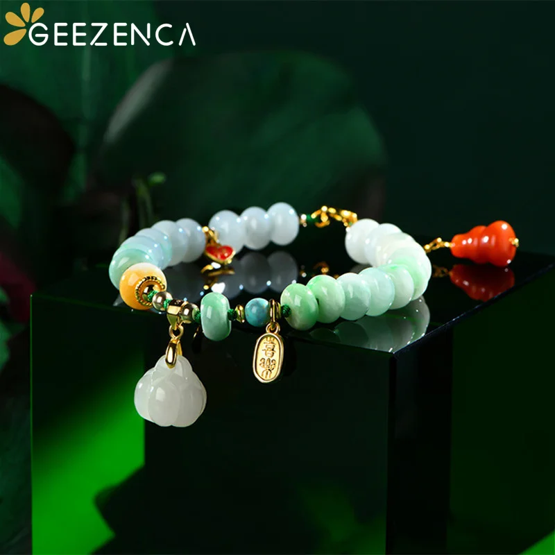 GEEZENCA Natural Jadeite 925 Silver Beaded Bracelet For Women Agate Jade Amber Vintage Handmade Rope Charms Bracelets 2023 New