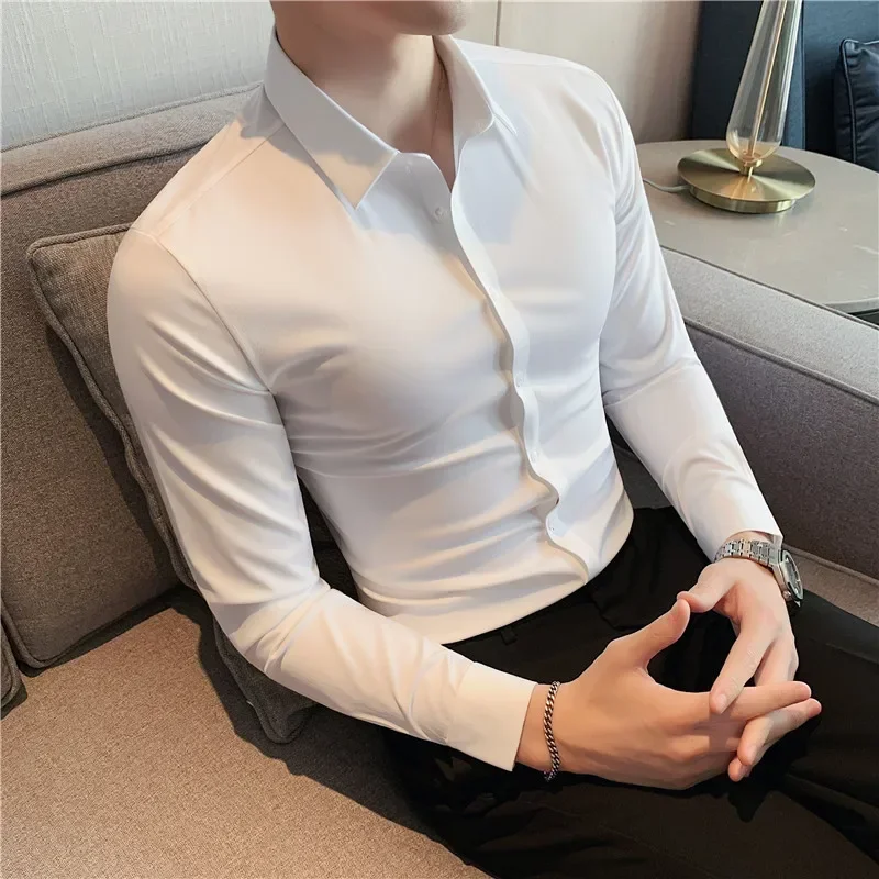 

British Style Non-Marking Glue Stretched Men Dress Shirts Long Sleeve Business Formal Wear Slim Fit Casual Office Chemise Homme