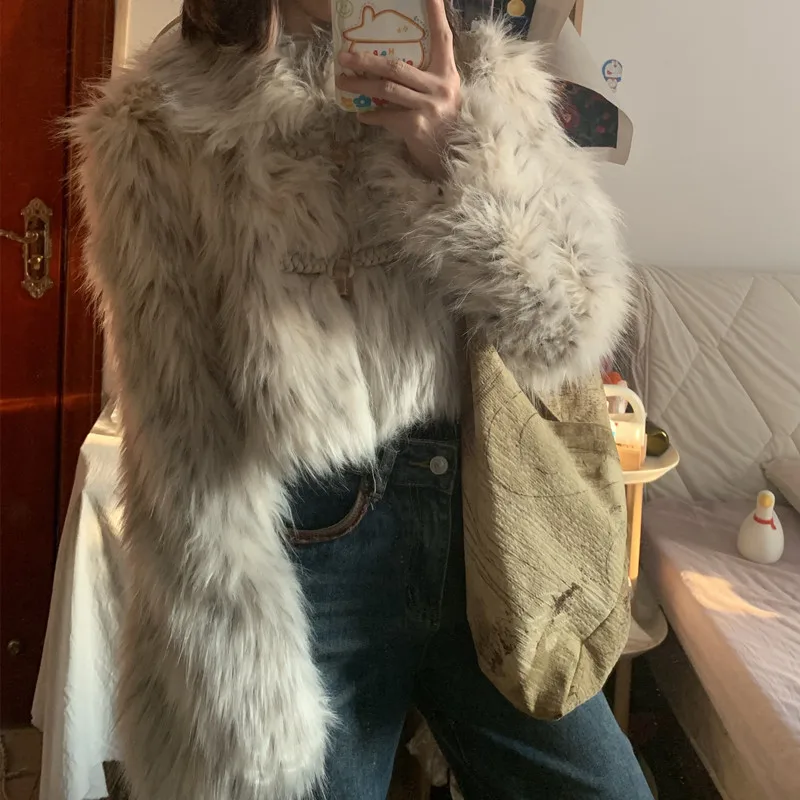 Faux Fur Imitation Fox Fur Coat for Women Short Jackets Printed Vintage Cropped Jacket Winter Clothing Eco Fur Coat