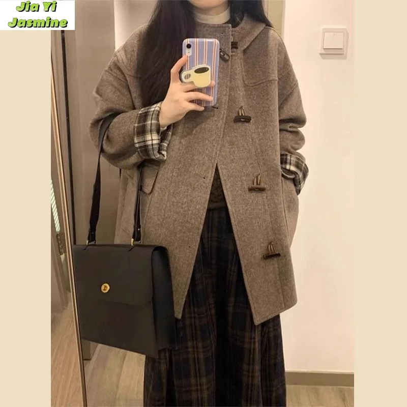 

Retro Cow Horn Button Women's Autumn and Winter Fat Loose Slimming Hooded Cardigan