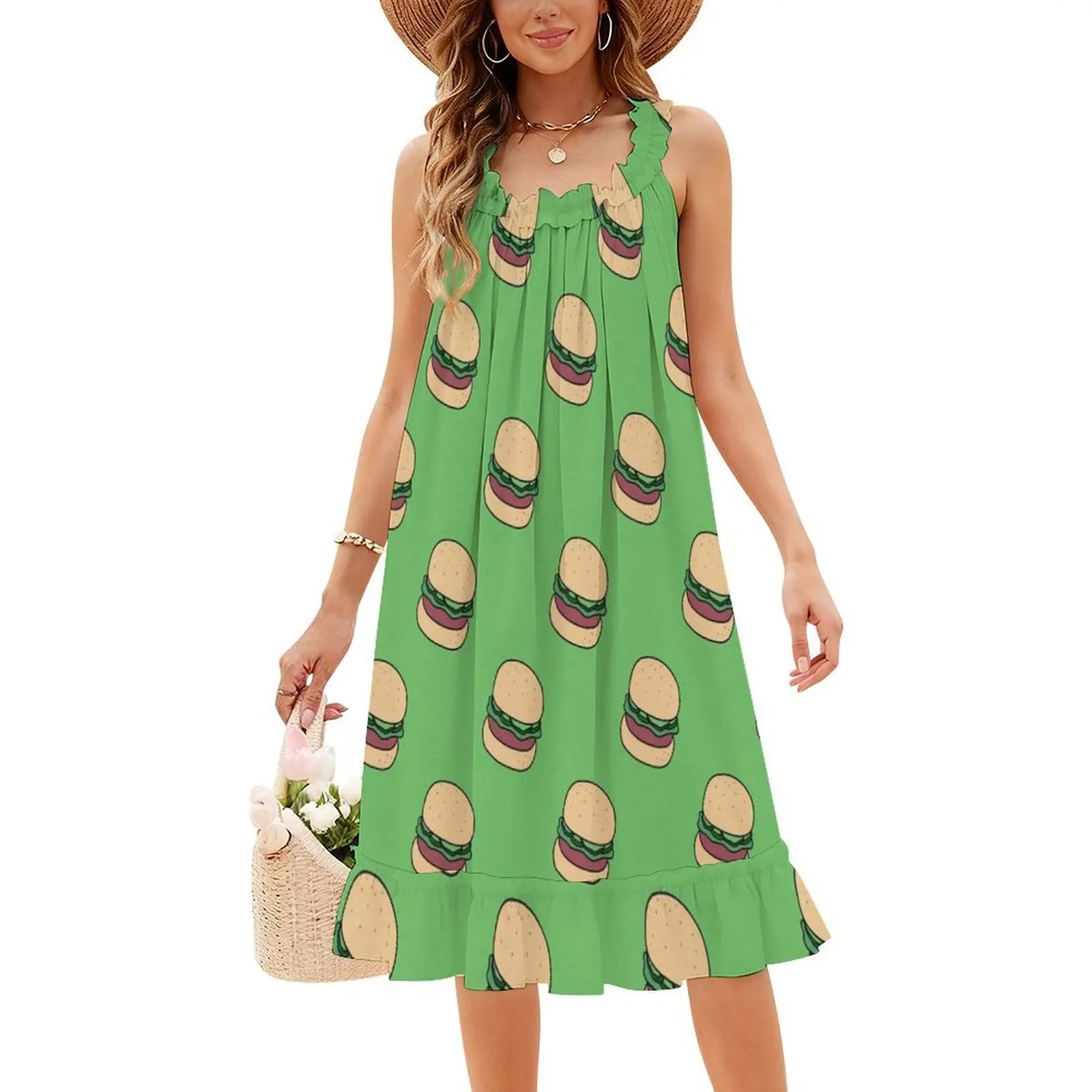 فستان بوهيمي بدون أكمام بنمط برجر أخضر للنساء مطبوع عليه فساتين حفلات الشاطئ همبرغر همبرغر برجر برغر للسهرات