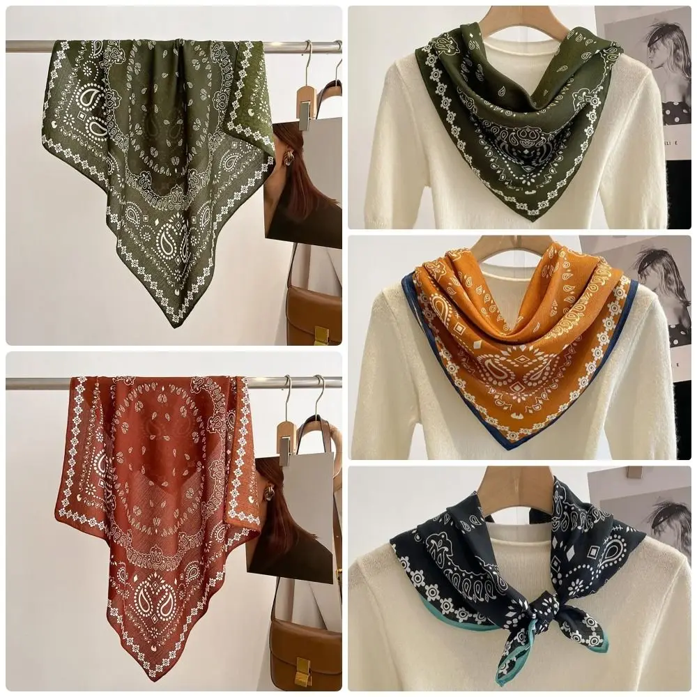 1Pcs Chiffon Cotton Linen Square Scarf Breathable Vintage Printing Hair Neckerchief Thin 70x70cm Handkerchief Hairscarf