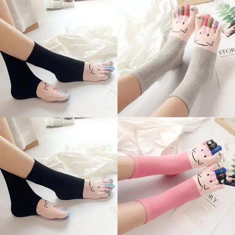 

1pair Cute Pig Toe Socks Women Cartoon Five Finger Socks Mid-tube Sports Socks with Separate Fingers Breathable Split Toe Sock