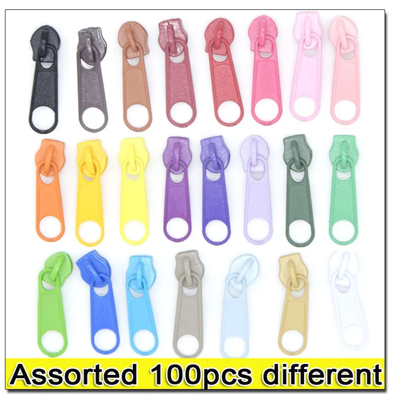 100pcs/300pcs Assorted Metal Zipper Slider For Nylon Zipper 3#,  Multicolor 3# Nylon Zipper Puller, DIY sewing Kits Zipper Kits