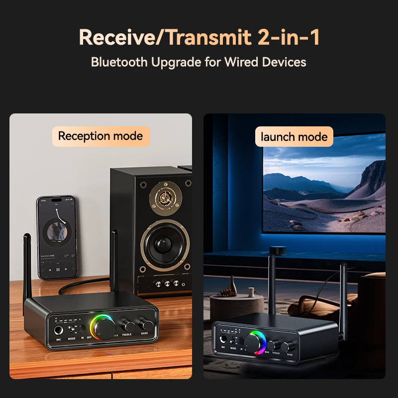 RGB Bluetooth 5.3 Audio Transmitter Receiver DAC/AUX/RCA/USB/Coaxial/Optical/6.5MM Microphone Karaoke Hifi DSP Wireless Adapter